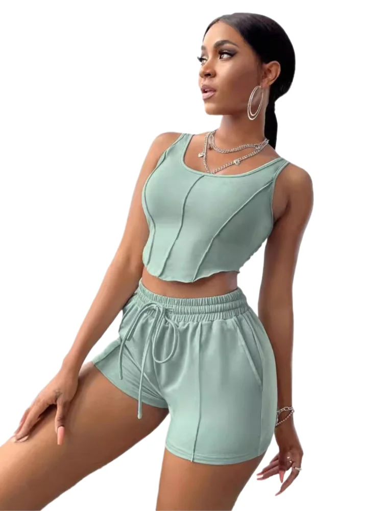

2025 Summer 2 Pieces Set For Woman New Fashion Casual Comfort Solid Color Sexy Strap Tops And Drawstring Shorts Two Piece Sets