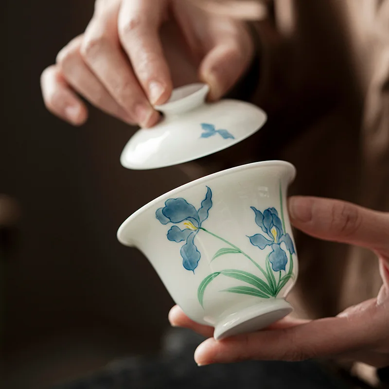 Jade Mud White Porcelain Pure Hand Drawing Flower-De-Luce Two Pieces Tureen Underglaze Set Home Brewing Cup