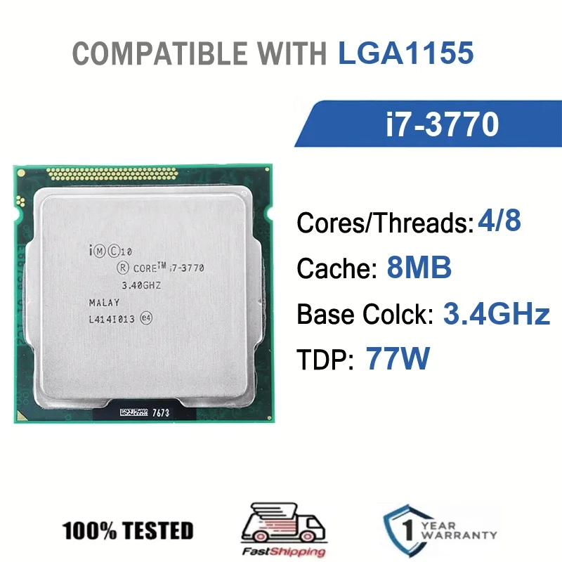 Intel Core i7-3770 4 Core 8 Thread 3.40GHz 77W 8MB Cache 22nm LGA1155 SR0PK DDR3-1600 MHz Ivy Bridgee HD Graphics 4000