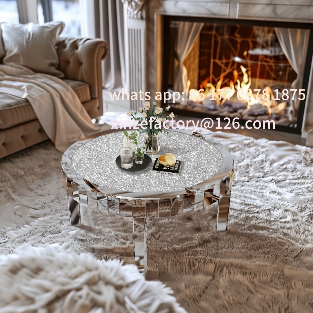 Customizable Luxury Round Silver Mirror Coffee Table Crystal Diamonds Inlay Accent Table Living Room Bedroom Modern Home
