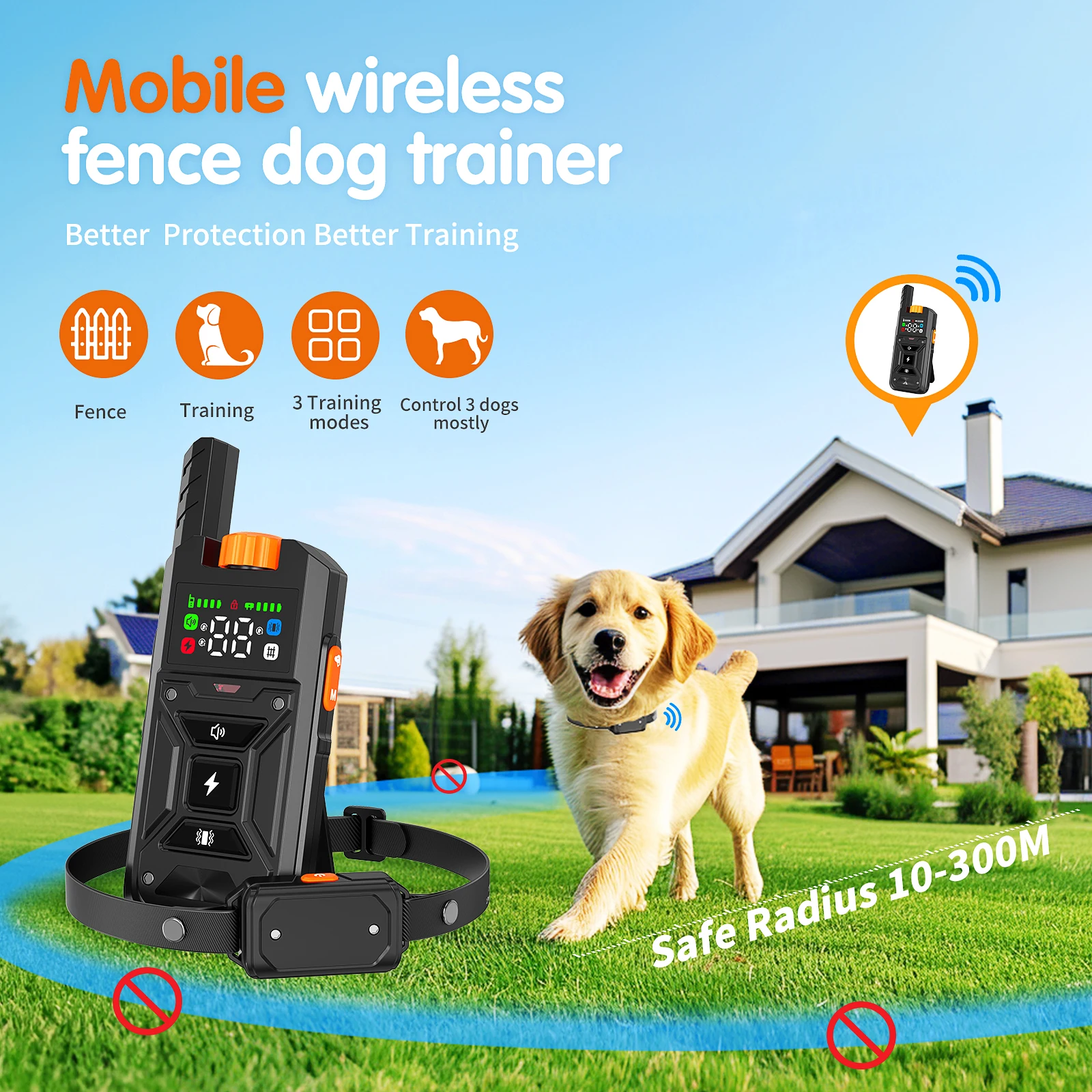 Collare di addestramento remoto per recinzione elettronica wireless invisibile impermeabile regolabile da esterno a lungo raggio da 300 m con funzione antiurto