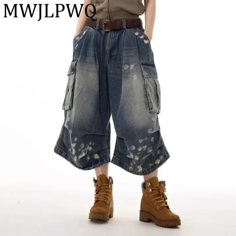 

MWJLPWQ Джинсовые шорты-карго в американском стиле с несколькими карманами для мужчин, плиссированные уличные брюки свободного покроя с драпировкой и семью точками 12008