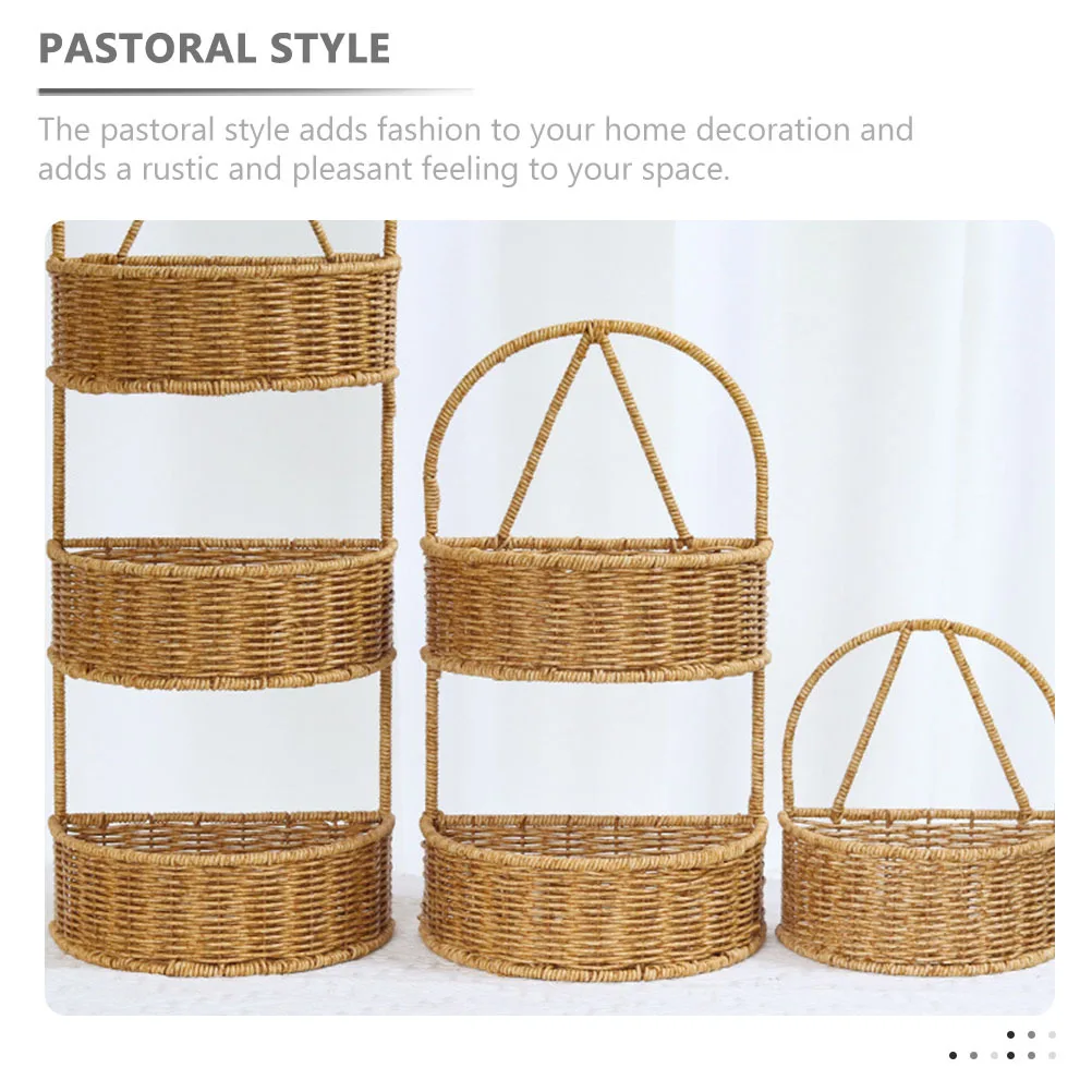 

Imitation Rattan Woven Wall Hanging Basket 2-Tier Storage Organizer for Kitchen Bathroom Office Rustic Home Decor
