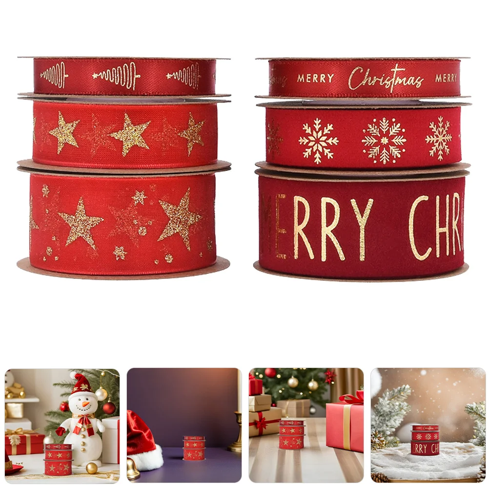 

6 Rolls Christmas Satin Ribbon Red and Gold Glitter Mesh Wide Decorative Wrap for Xmas Present Packaging Holiday Party Wedding