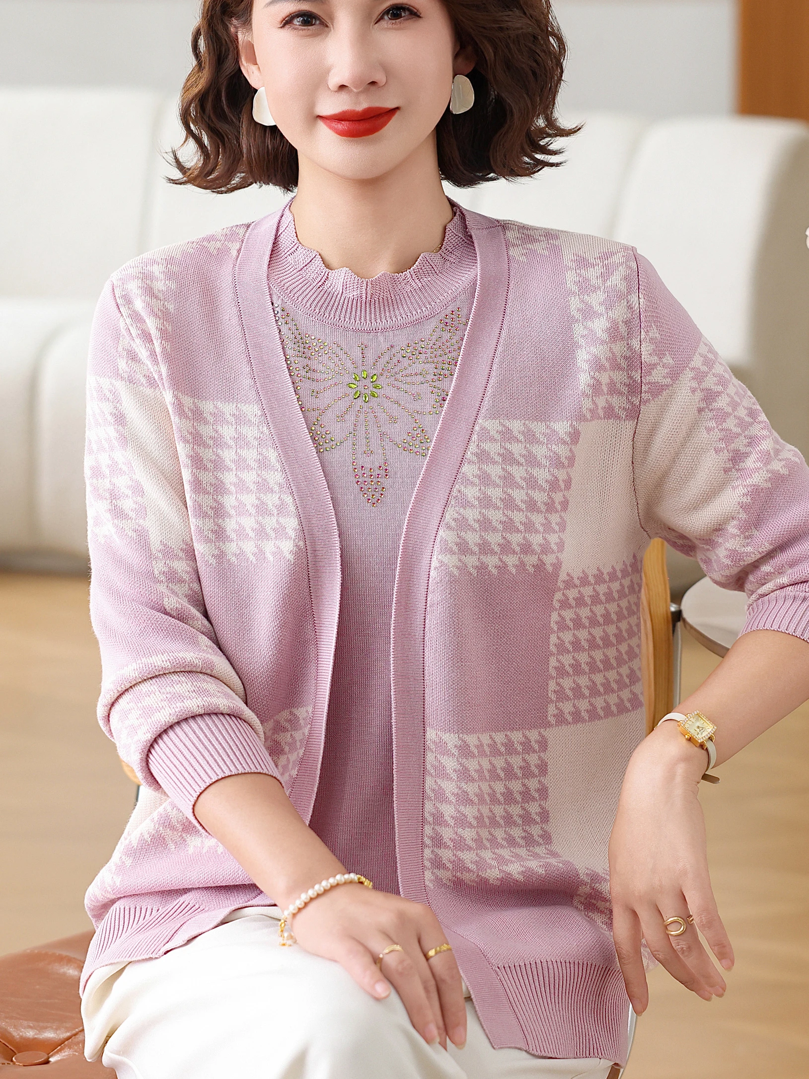 

Spring Summer New Sle Knitted Tweed Cardigan Two-Piece Set Slimming Top for Mom Middle-Aged Women Faionable l...
