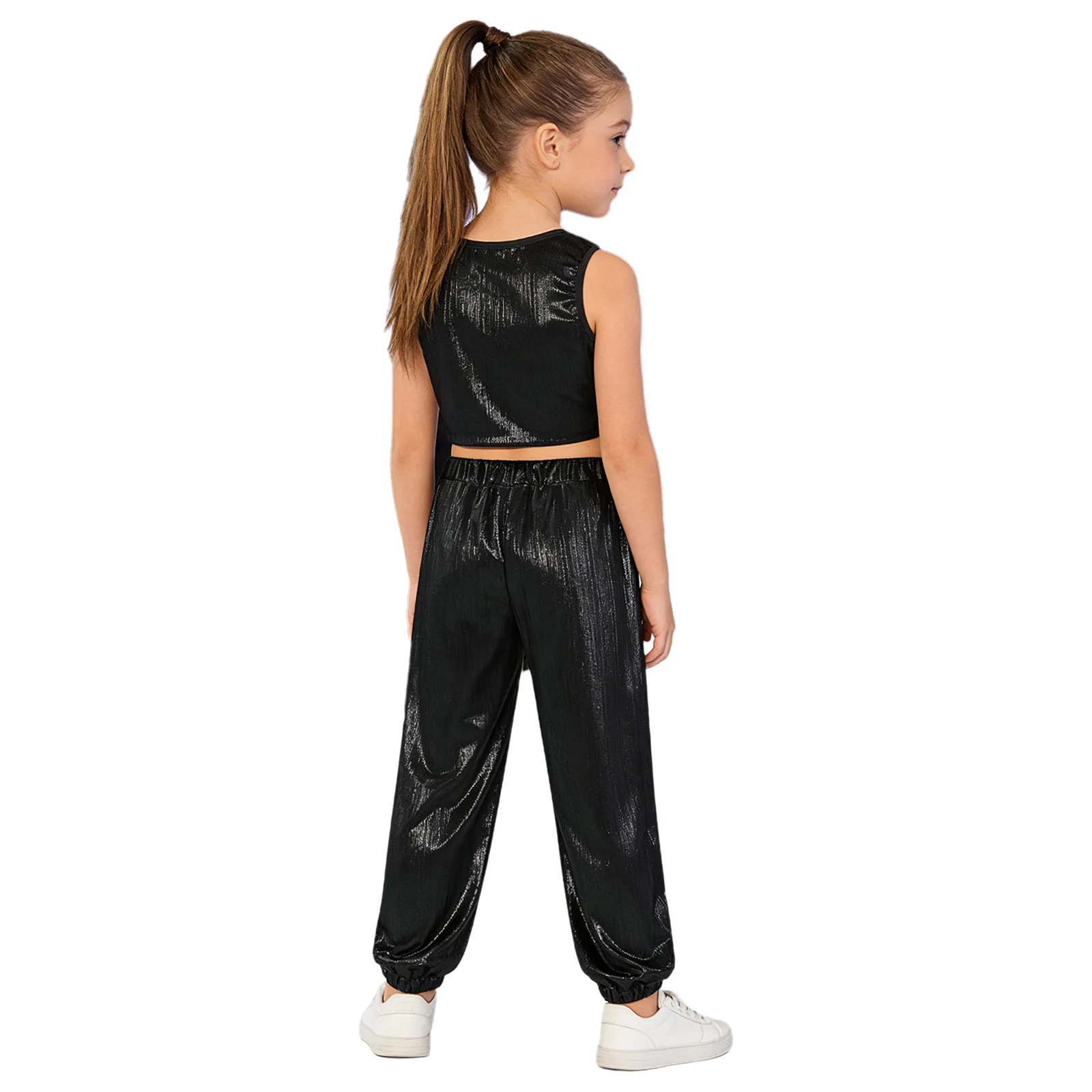 Kids Girls Hip Hop Rhythmic Dance Outfit Sleeveless Metallic Vest with Elastic Waistband Pants for Jazz Latin Stage Performance