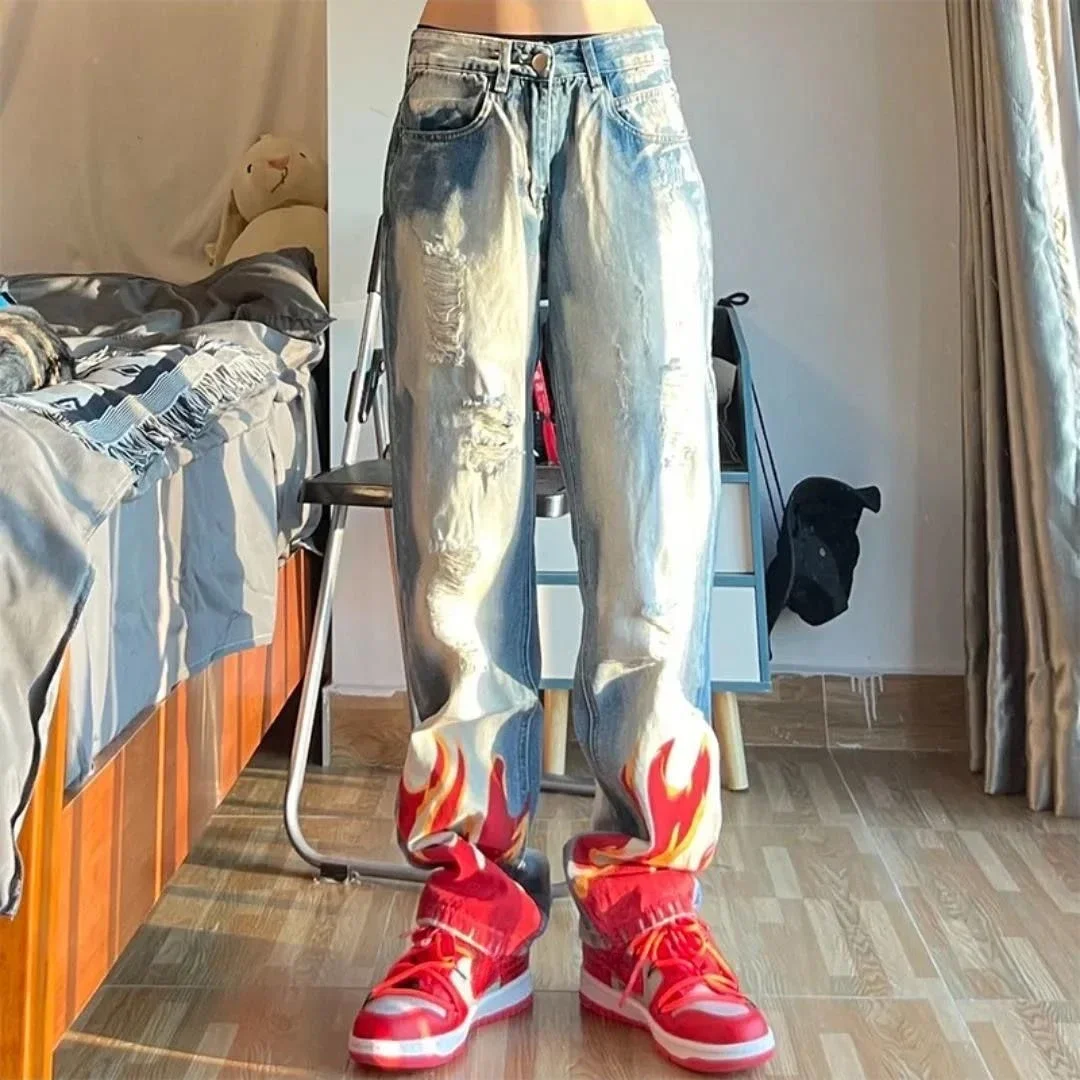 Trousers Hip Hop Man Cowboy Pants Straight Ripped Men's Jeans with Holes Torn Broken Aesthetic Korean Fashion Cotton Original Xs