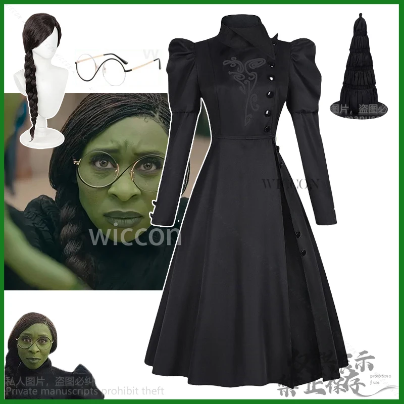 Elphaba Cosplay Anime Movie Wicked Costume Witches Gotic Dress BLACK Lolita Hat Glasses Wigs For Halloween Christmas Customized
