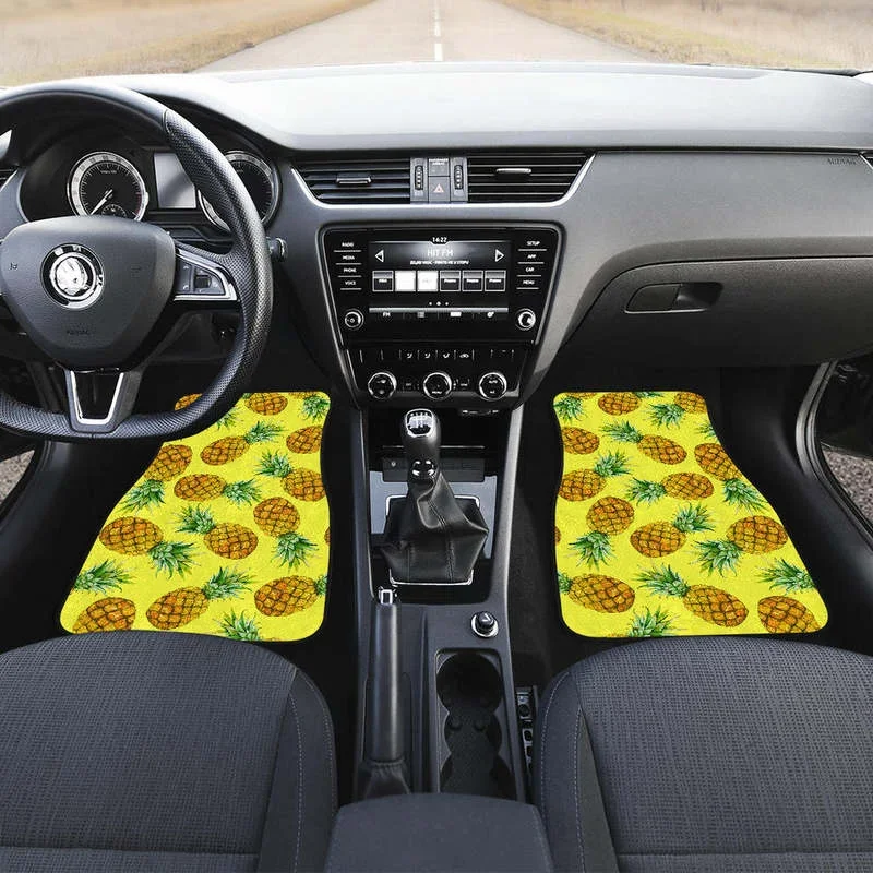 Pastel Yellow Pineapple Pattern Print Front and Back Car Floor Mats Heavy Carpet Front and Rear Full Set 4PCs Pack