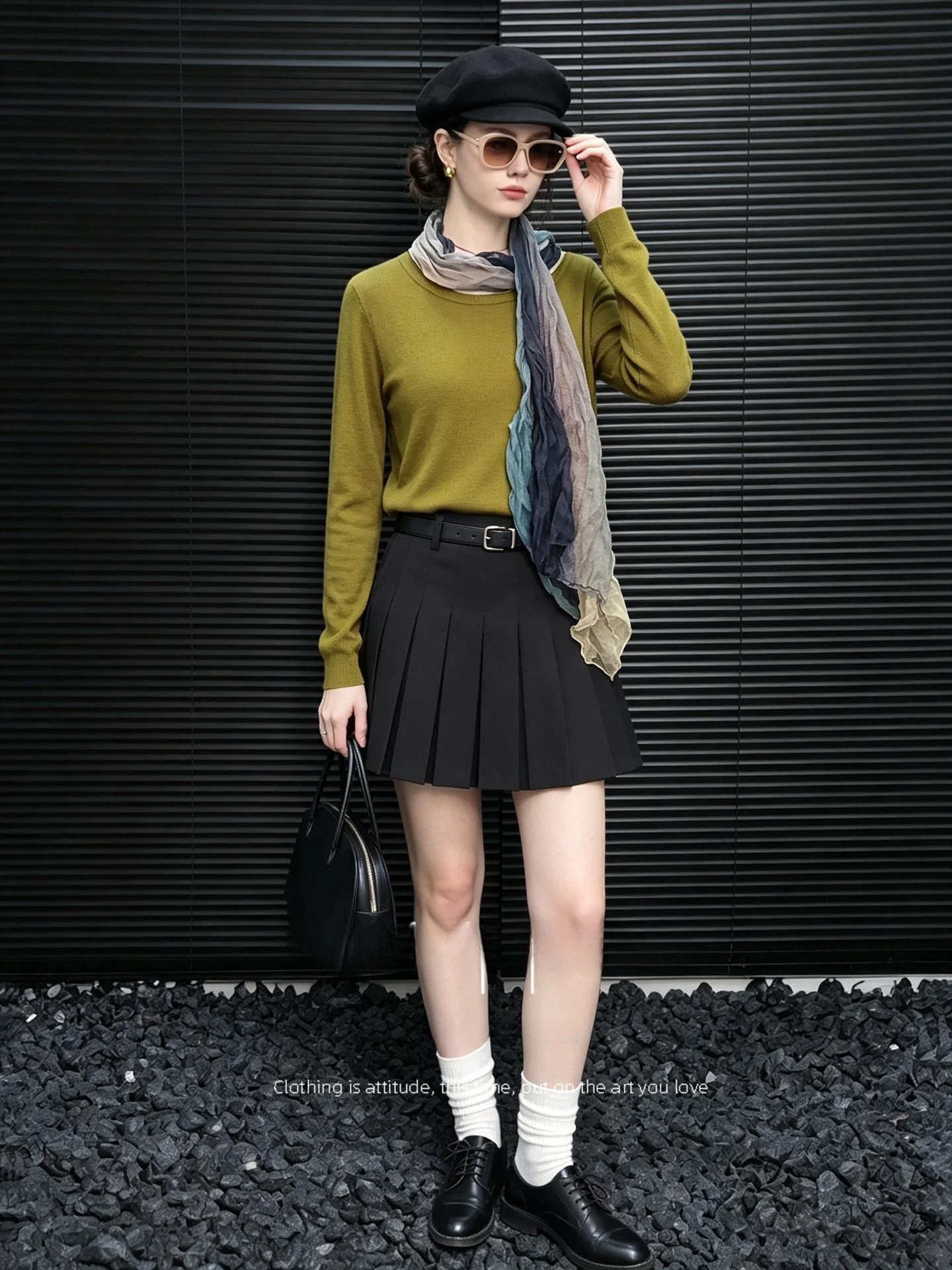 Elegant Long Sleeve T-Shirt for Women Huaappuw Scarf Waste Land Style Commute Fashionable Top French Style Standard Fit Wool ...