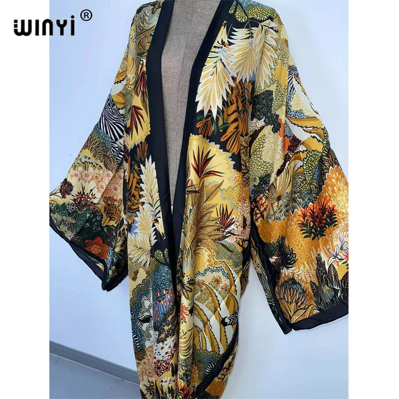 WINYI yaz kadın hırka dikiş elbise kokteyl sexy Boho Maxi afrika tatil Batwing kollu ipek hissi robe kimono kaftan