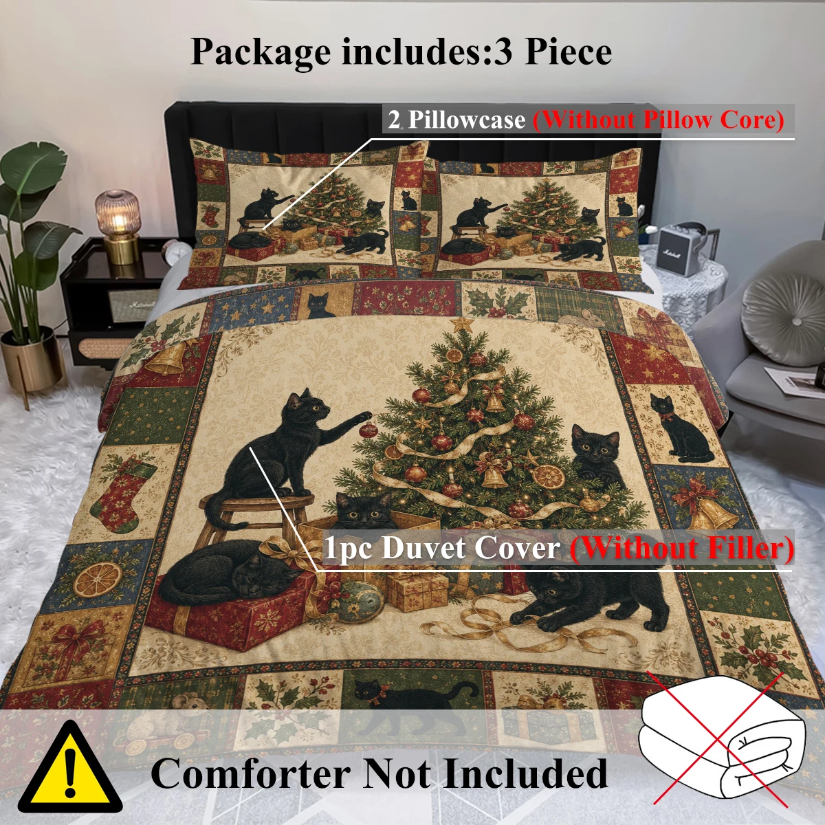 3PCS Christmas Cat Duvet Cover Set,Santa Hat Cat Red Window Pine Branch Ornament Snowflake Printed Bedding With Pillowcases