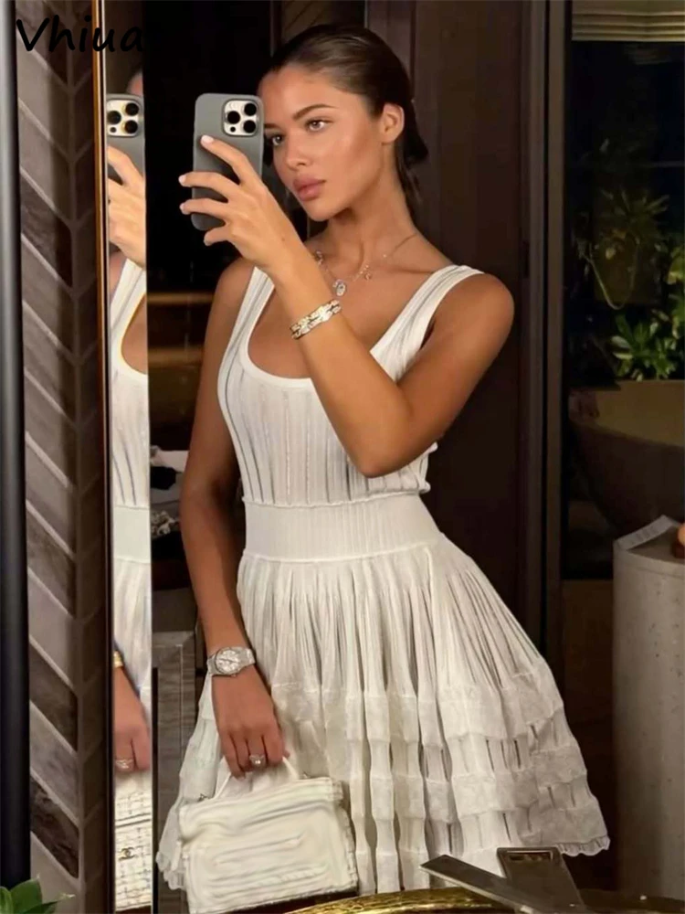 

Vhiuat New Summer Sleeveless Slim Ball Gown A-Line Dresses For Women Solid Backless Knitted Fashion Elegant Party Mini Dress