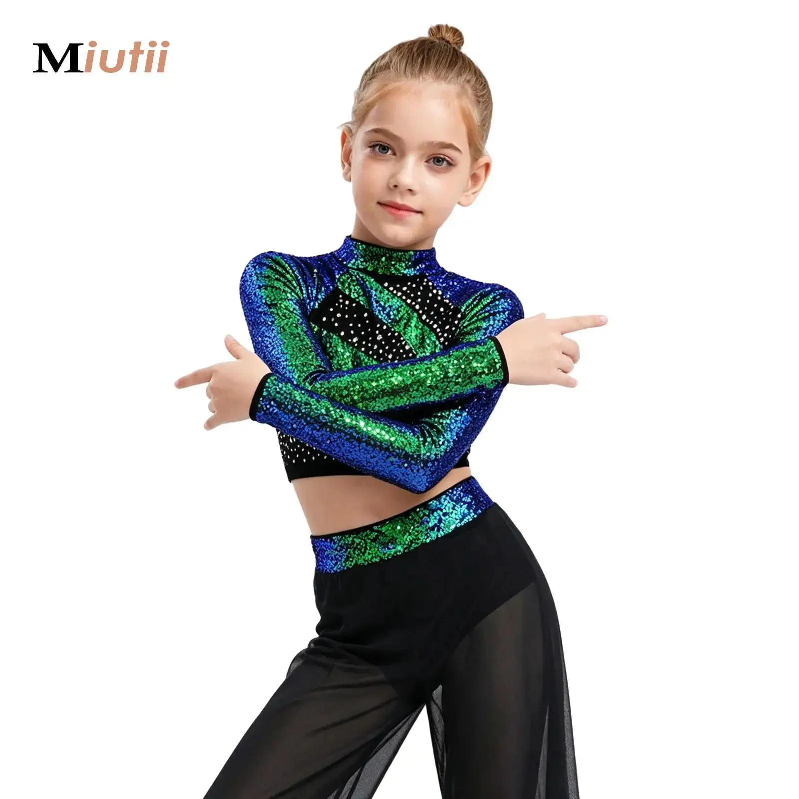 

Kids Girls Jazz Ballet Dance Crop Tops Long Sleeve Shiny Sequins Latin Rumba Gymnastics Figure Skating Stage Performance Costume