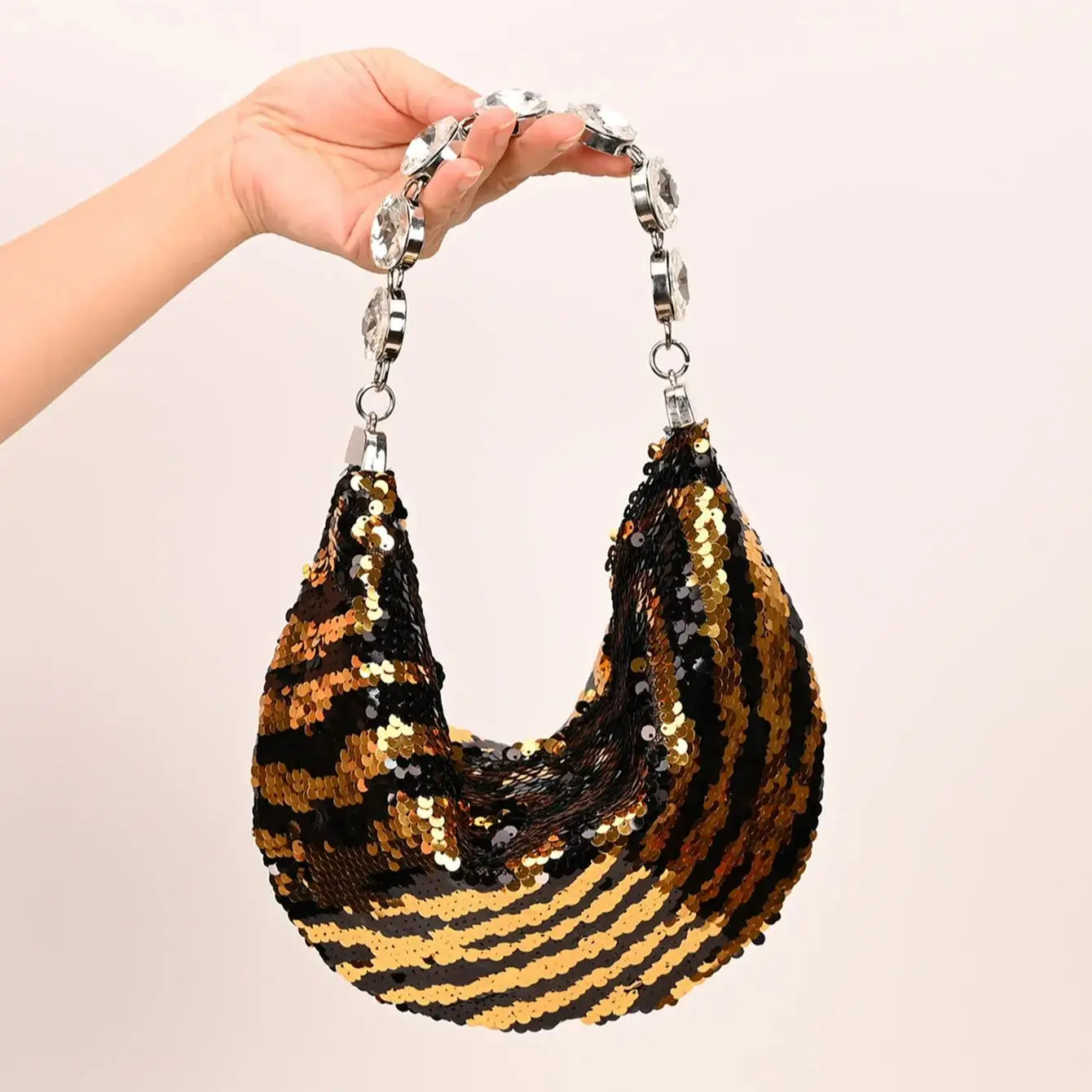 

2026 New Design Zebra Striped Shiny Sequined Embellished Hobo Clutch Luxury Rhinestone Evening Handbag for Party & Wedding