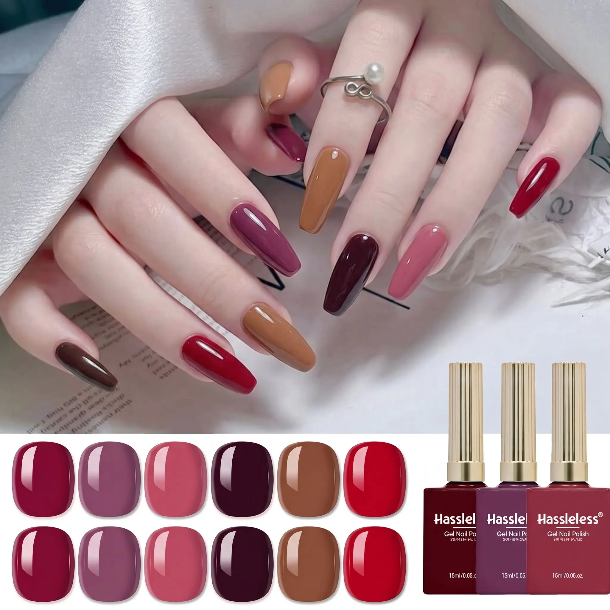 Hassleless 6Pcs Nail Polish Gel Set Retro Wine Red Brown Tone Nail Polish Gel Autumn and Winter Color Series Removable Nail Gel for Nail Art Studio and Home Use