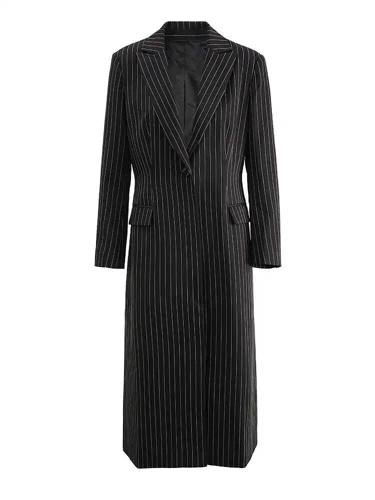 BJTZ سترة طويلة ممتدة بحافة مخططة بزر واحد للنساء لربيع وخريف 2024 سترات نسائية عصرية للنساء أنيقة