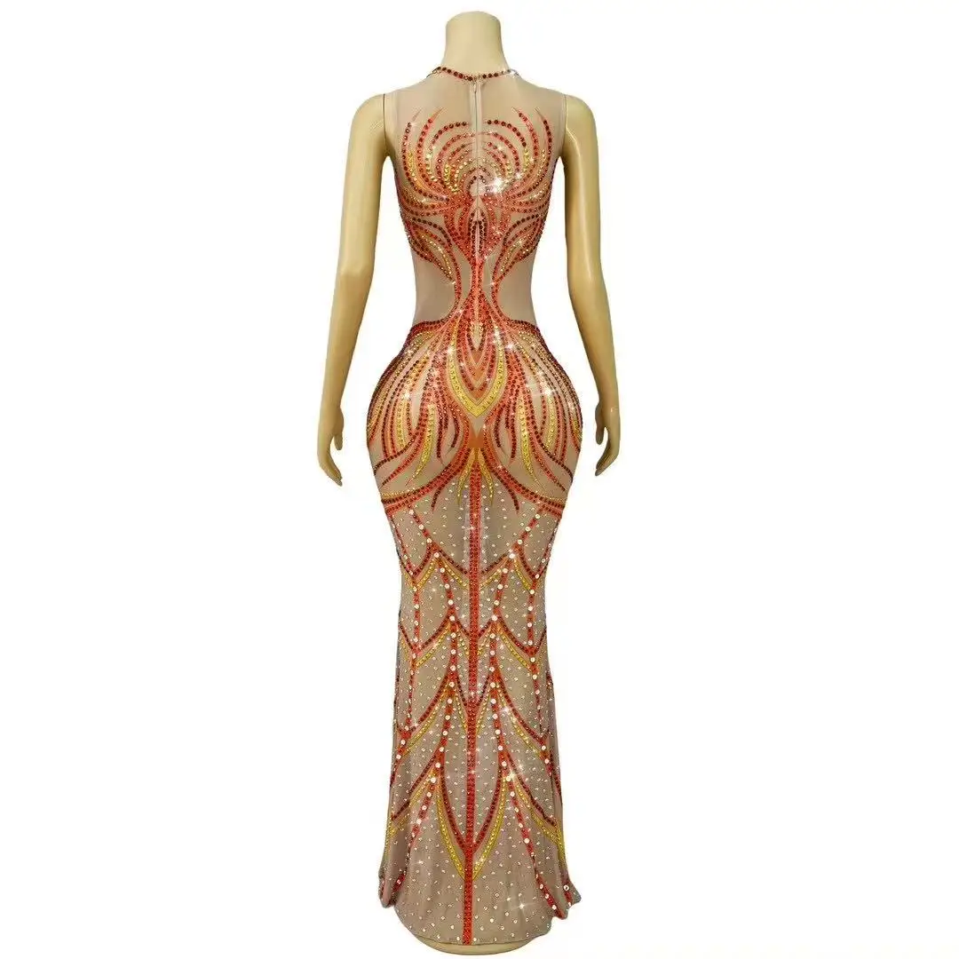 Luxury Handmade Rhinestones Mesh Dress Evening Birthday Cocktail Party Graduation Gown Red carpet Show Photoshoot Outfit