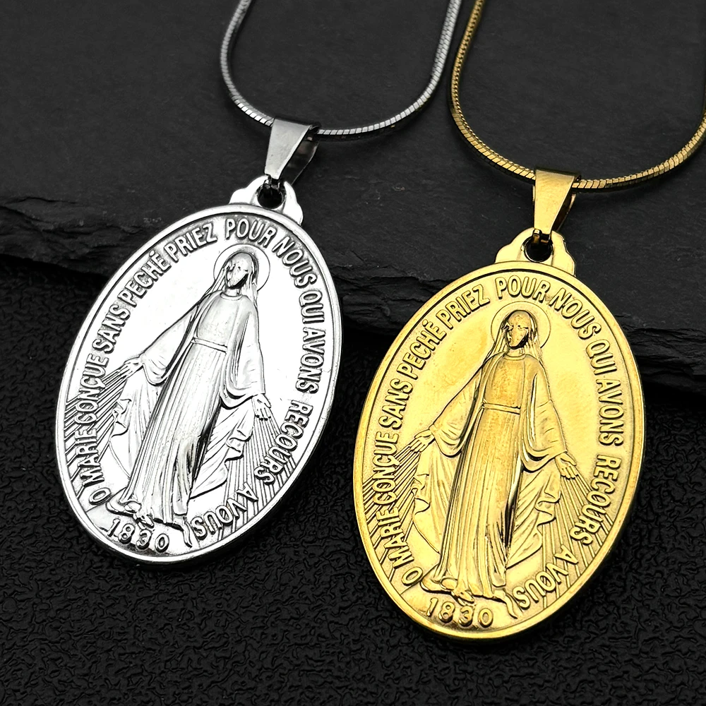 

Catholic French Virgin Mary Pendant Necklace for Women Men Stainless Steel Gold Color 1830 Our Lady of Lourdes Chain Jewelry