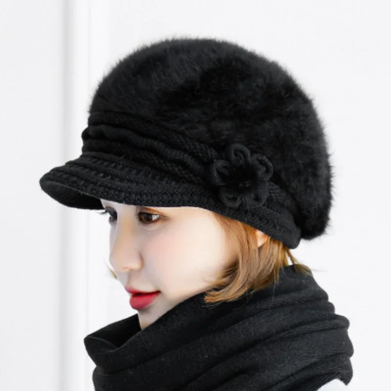 Concise Women's Knitted Hat Scarf Set - Floral Embellished Lapel Beanie With Matching Scarf, Warm Fleece Winter Hat For Ladies