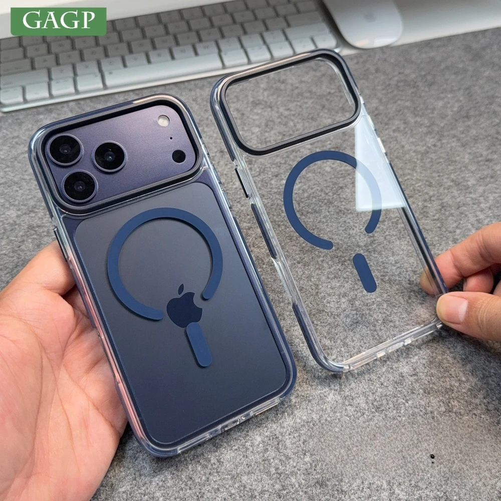Capa de Luxo Transparente em Acrílico TPU Híbrido para iPhone 12 13 14 15 16 17 Pro Max, Compatível com Magsafe, para iPhone 14 15 16 Plus