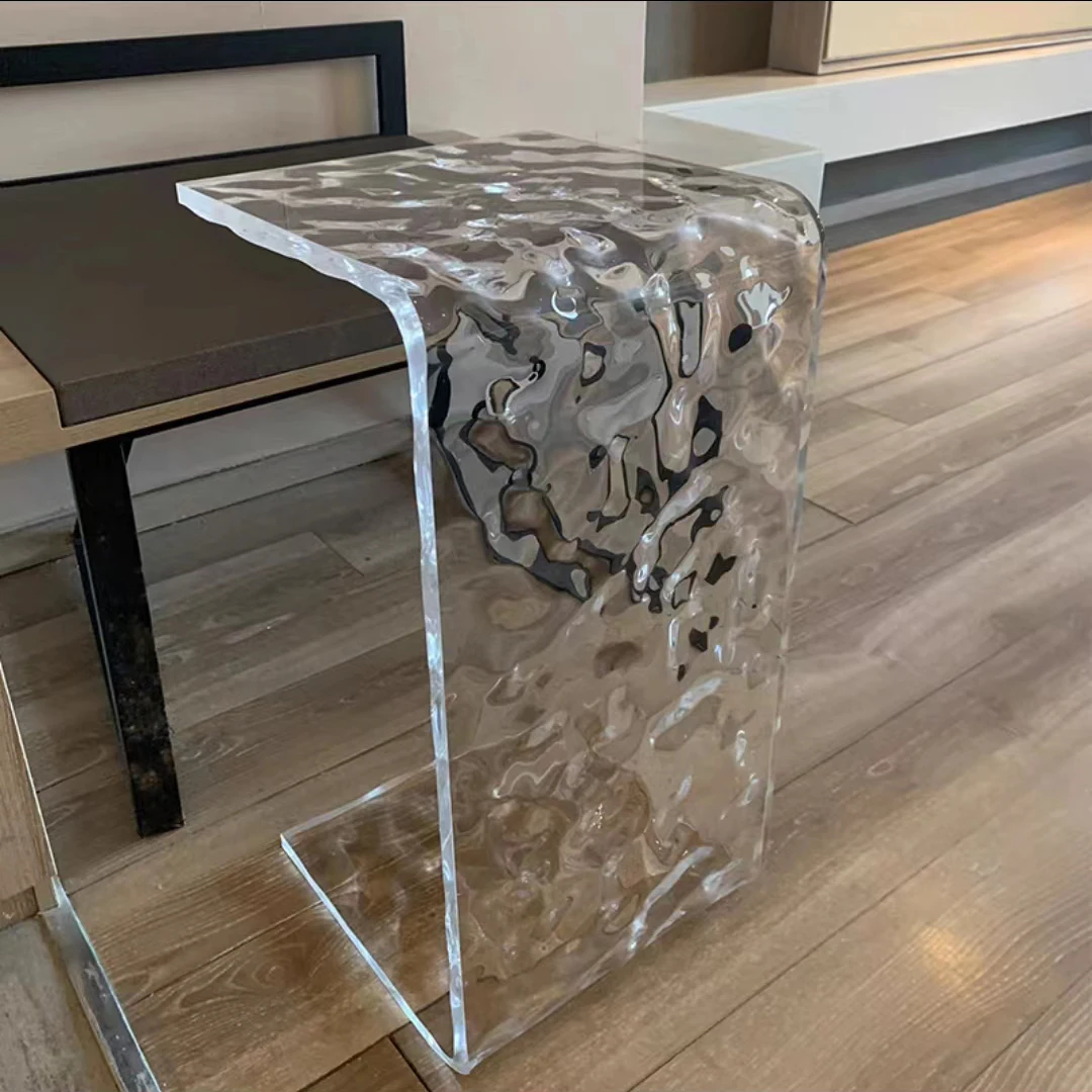 Modern Acrylic Water Ripple Pattern Edge Table Sofa Luxury Small Side Table Bay Window Small Coffee Table Transparent Corner Tab