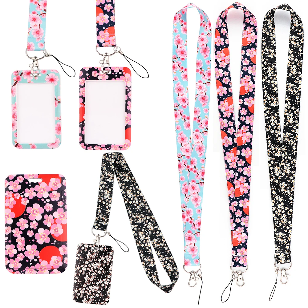 YQ990 Cherry Blossoms Lanyard ID Card Holder Rose Flowers Neck Strap Art Painting Keychain Lariat Leaf Phone Strap Badge Holder