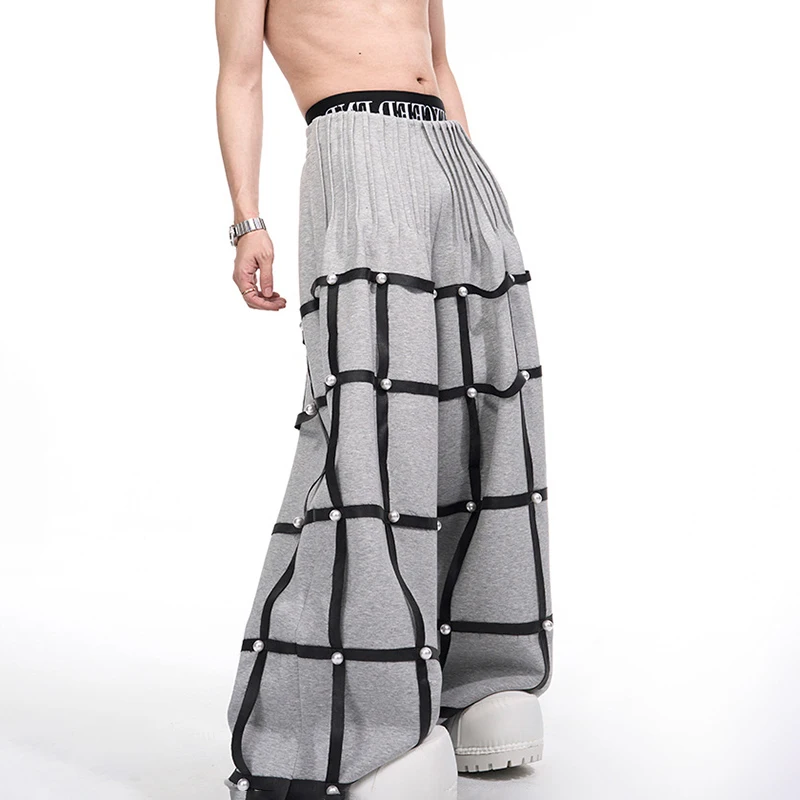 LUZHEN カジュアルオリジナルワイドプリーツデザインレッグレザーパッチワークトラウザーズメンズ2025新作無地ストリートストレートパンツJY4745