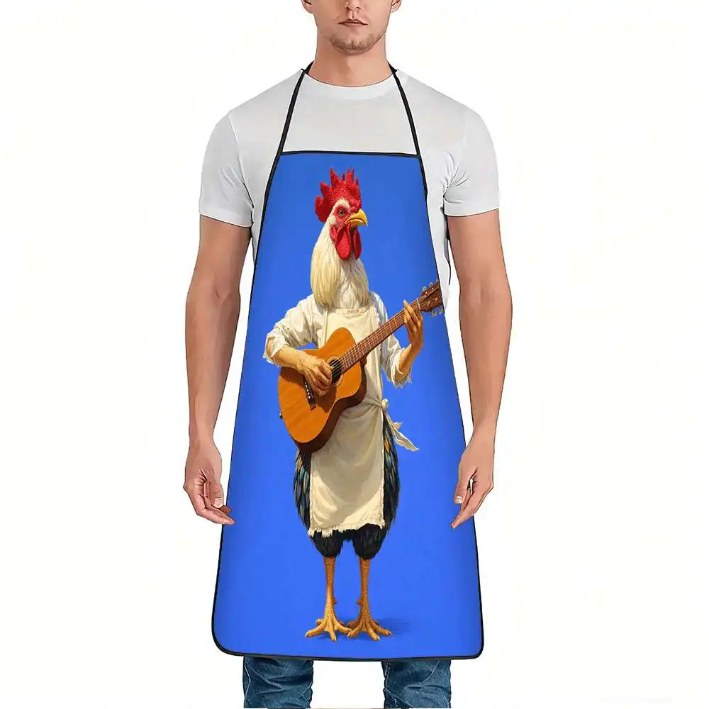Funny Apron Featuring a Rooster Playing Guitar, Made from Durable And Easy-To-Clean Polyester. It Has an Adjustable Waistband An