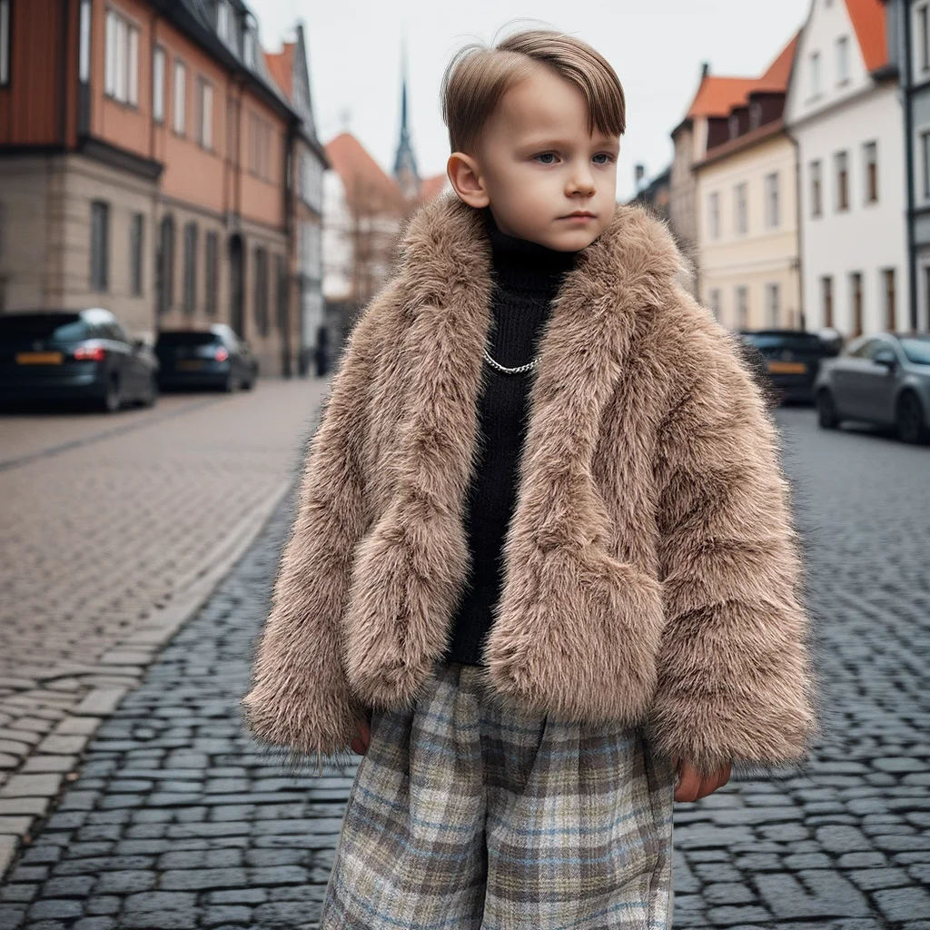 

School Teens Kids Faux Fur Coat Winter Fleece Thick Jacket Brown Warm Outerwear for Boys Girls Fashion Ultra Cozy Streetwear