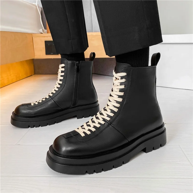

Мужские повседневные ботинки из натуральной кожи большого размера, туфли на платформе со шнуровкой, черные стильные ковбойские весенне-осенние ботинки до щиколотки, botas hombre