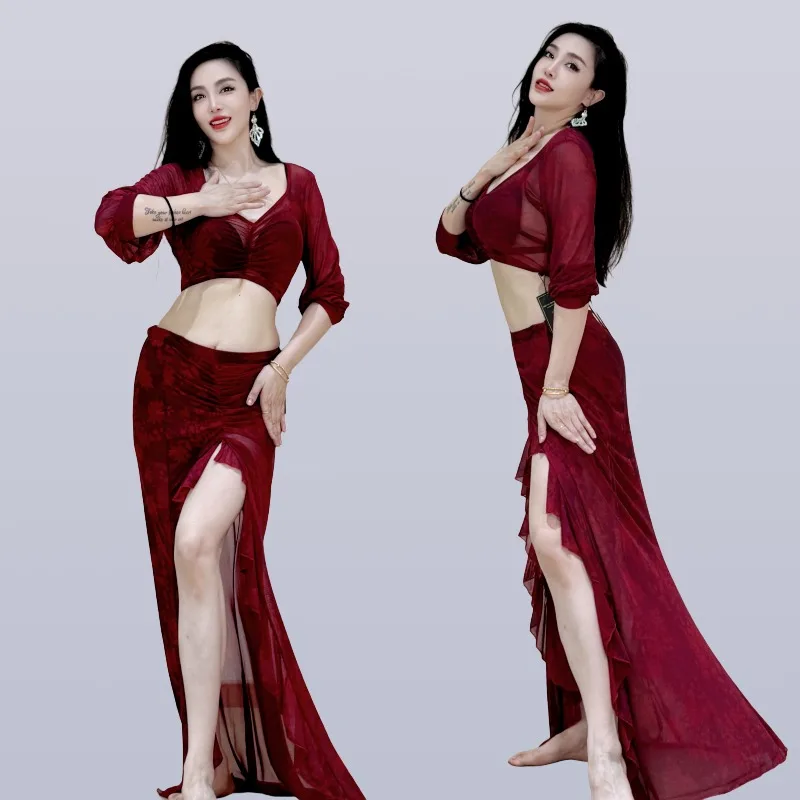 Abito da pratica di danza del ventre sexy Swegal personalizzato Set di maglie stampate rosso vino nobile Costumi di danza orientale Vestito da pratica