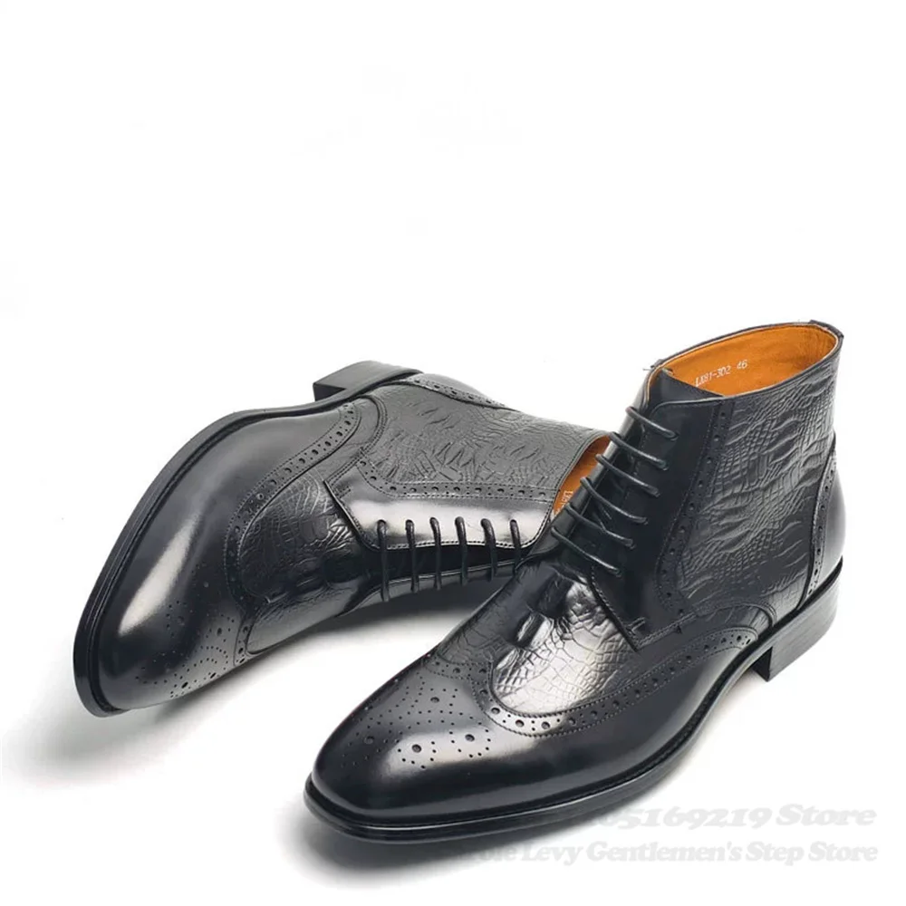Luxury Genuine Leather Business Boots for Men Round Toe Retro Printing Comfortable Lace Up Handmade Black Fashion High Top Boots