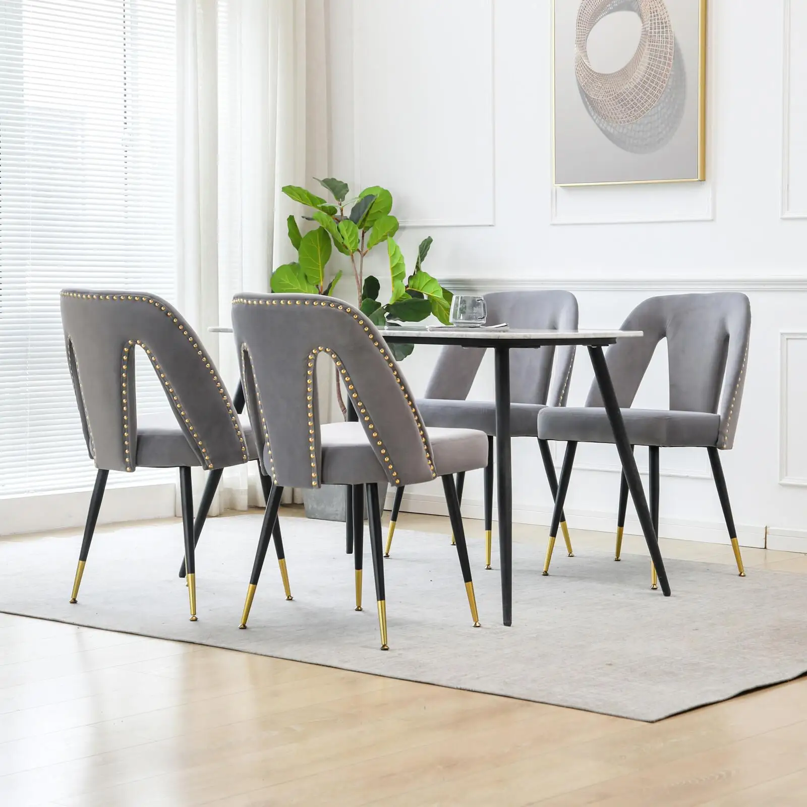 

Set of 2 Modern Velvet Dining Chairs with Nailheads & Black Metal Legs - Contemporary Gray Upholstered Furniture