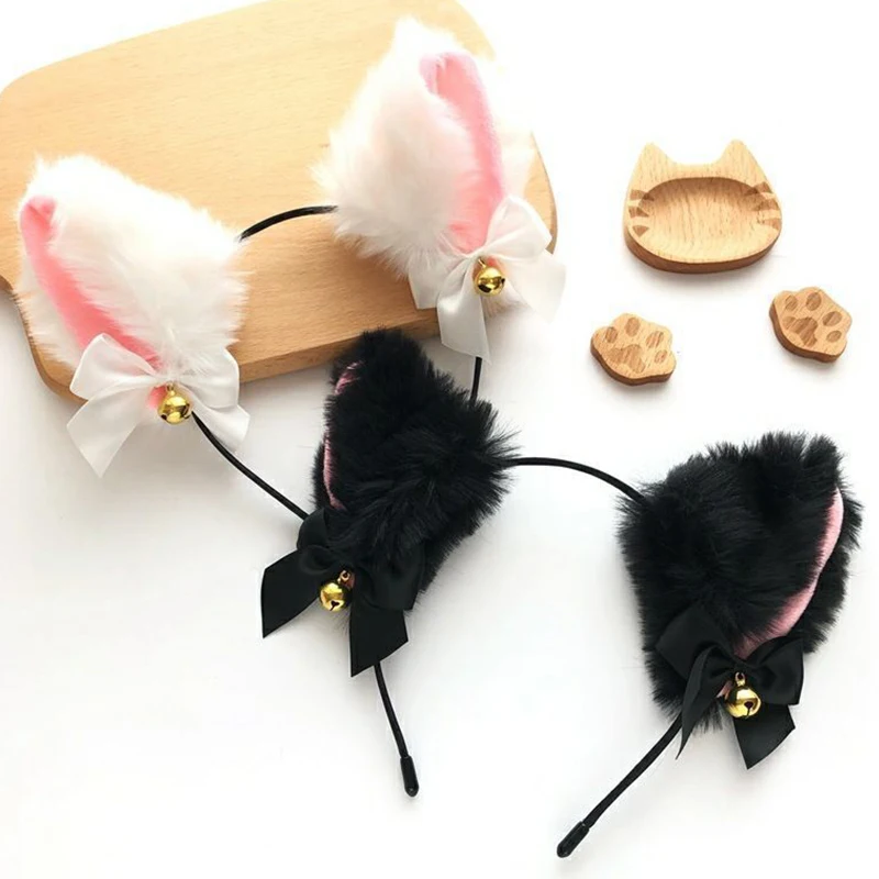 2pcs/lot Cute Plush Cat Ears Hair Hoop Sets Fashion Cartoon Fox Ears Bell Headband Halloween Sexy Ins Headwear Accessories Black