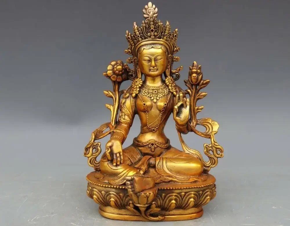 8inch Tua Tibet Buddha Tembaga Perunggu Green TaRa Kwan-Yin Guan Yin Patung Bodhisattva