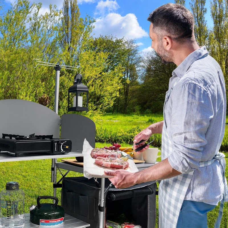 Popular outdoor camping mobile kitchen aluminum alloy folding table with cloth cabinet
