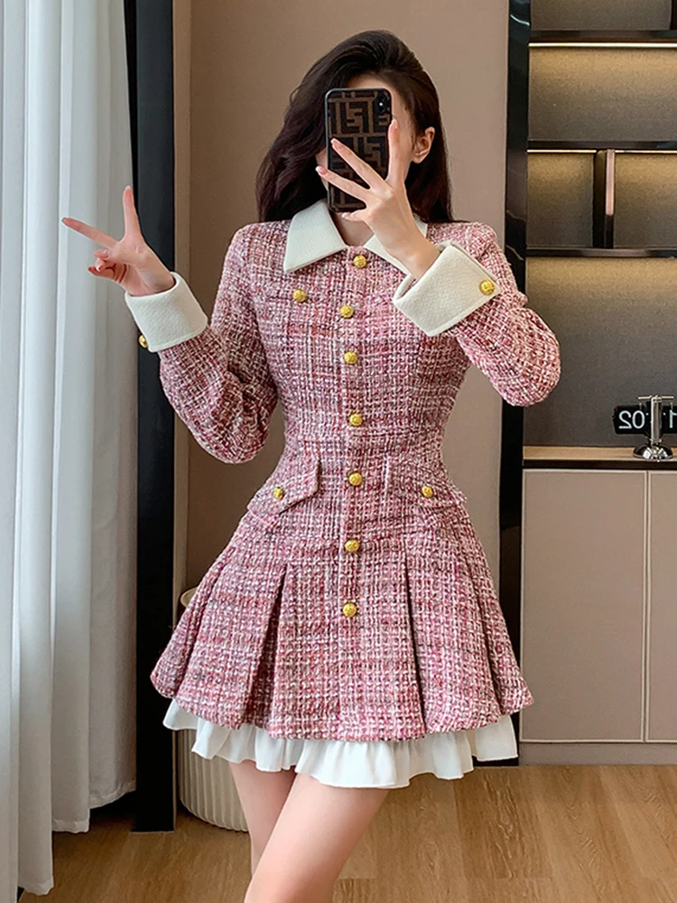 High Quality French Autumn Winter Women's Luxury Runway Celebrity Single Breasted Patchwork Tweed Woolen Office Fashion Dresses