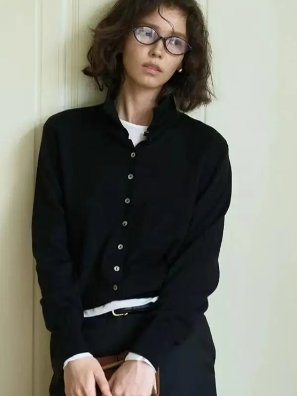 

Свитер из чистого кашемира с воротником-поло, кардиган, вязаный свитер, женская осенне-зимняя темпераментная тонкая шерстяная рубашка, пальто