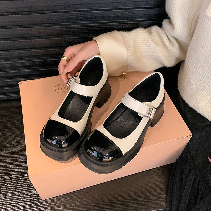 

Черные и белые кожаные туфли Xiaoxiang Мэри Джейн на высоком каблуке для студентов и взрослых Корейская обувь в японском стиле Лолита