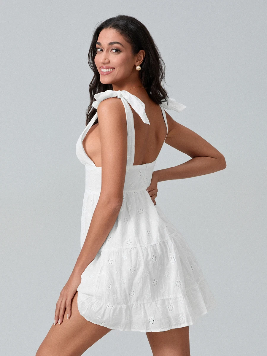 Elegant Sleeveless A-Line Dress with Bow Detailing V-Neckline and Eyelet Hem - Flirty and Chic Cami Dress for Women