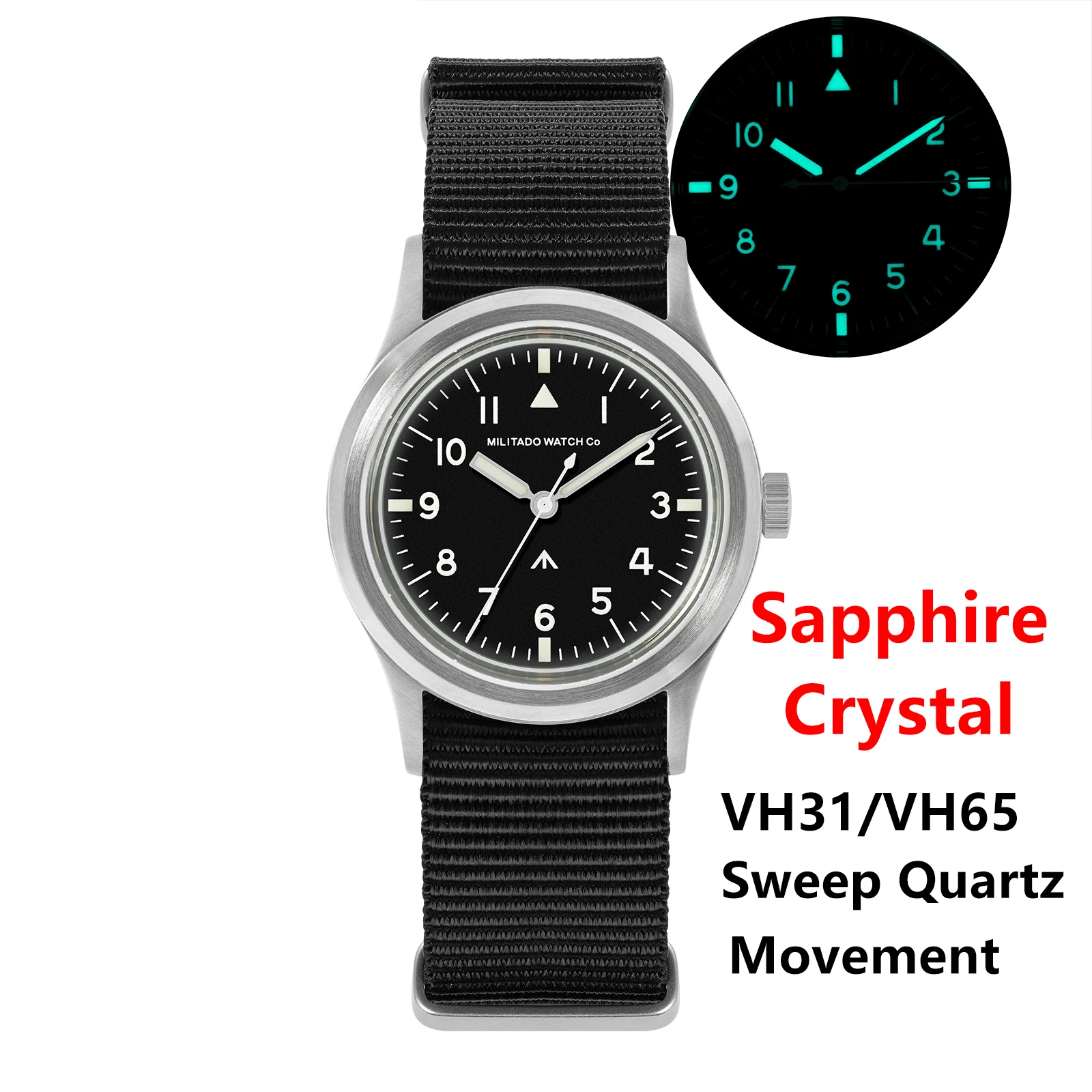 MILITADO ミリタード　M14 サファイアドーム風防 Militado ML14 Military Watch VH31/VH65 Sweep Quartz/515 Movement