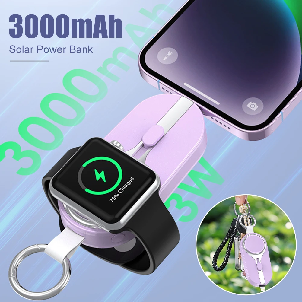 3000mAh Portable Car Solar Power Bank Type-C/For iPhone Wireless Quick Charger External Power Bank Keychain For Apple Watch