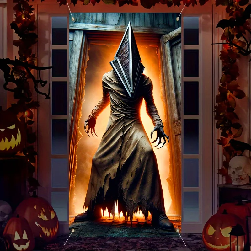 2D-Türflagge, 1-teiliger Polyester-Pyramidenkopf-Hintergrund „Silent Hill“ – universelle Halloween-Party-Dekoration