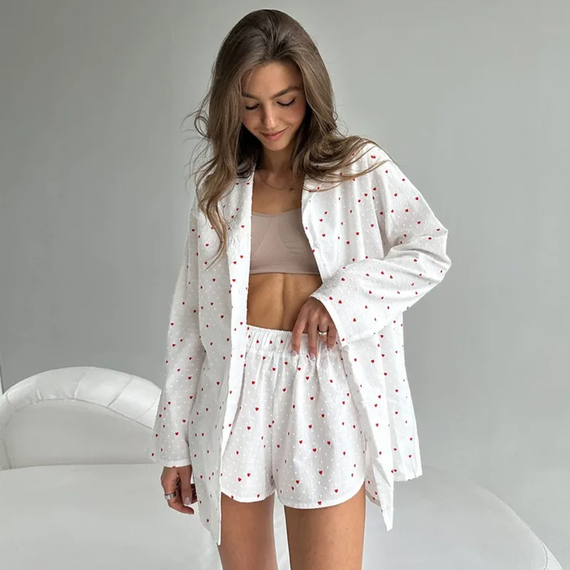 

2025 Summer Women's Pure Cotton Long-Sleeved Pajama Set with Love Print Colored Perfect for Lounging Europe America Homewear