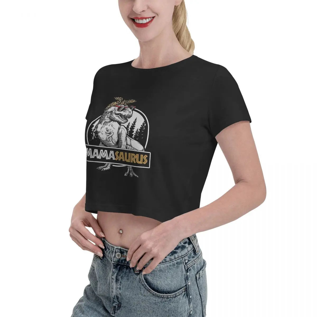 Mamasaurus Tshirt Cartoon Graphic Tees Female Crop Top,Leak navel T-shirt