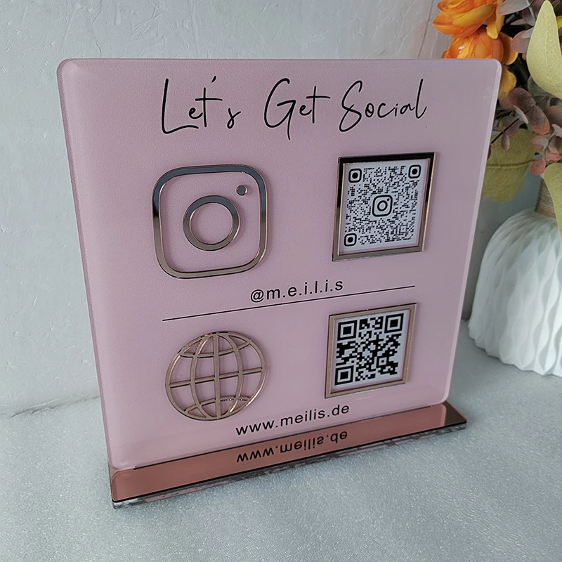 Custom 4 Icons Business Social Media QR Code Sign Beauty Studio Scan to Pay Acrylic Signs Instagram FB Scanning QR Code Plates