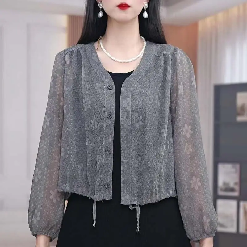 Summer New Cardigan Button Coat Women\'s Fashion Simple V-neck Solid Print Patchwork Button Loose Drawstring Sun Protection Top