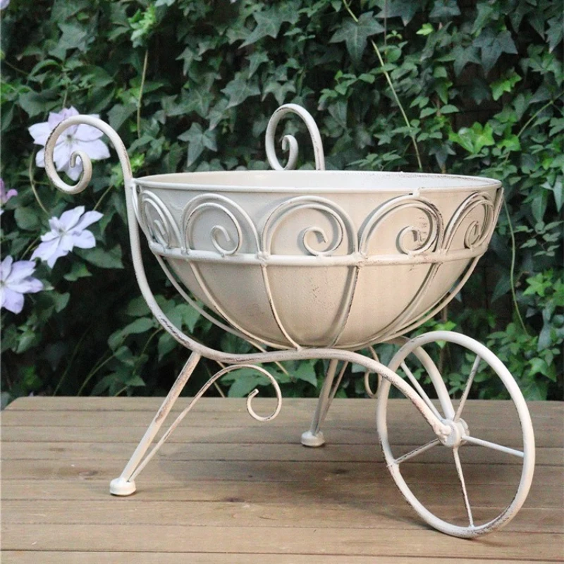 Iron Flower Planter Cart Garden Ornament Stand White and Green Flower Pot Holder Patio Decor Decorative Planter Cart