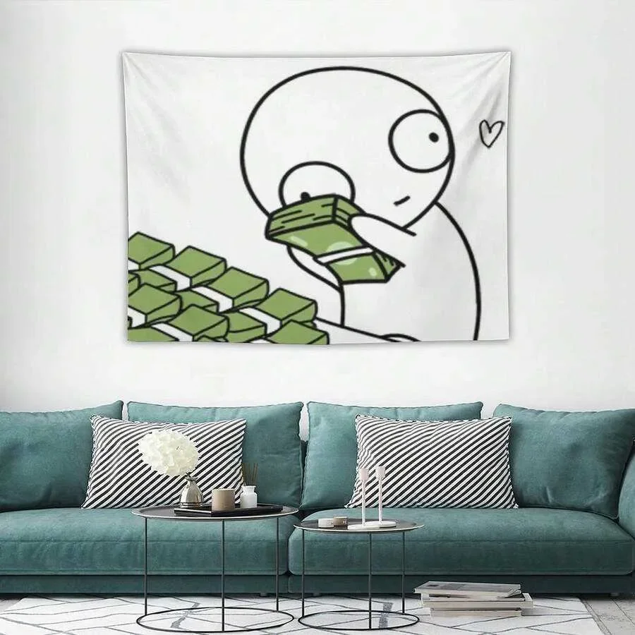 Funny Cartoon Money Hug Meme Tapestry Minimalist Black Line Green Cash Hanging White Background Aesthetic Wall Art Decor For Bed